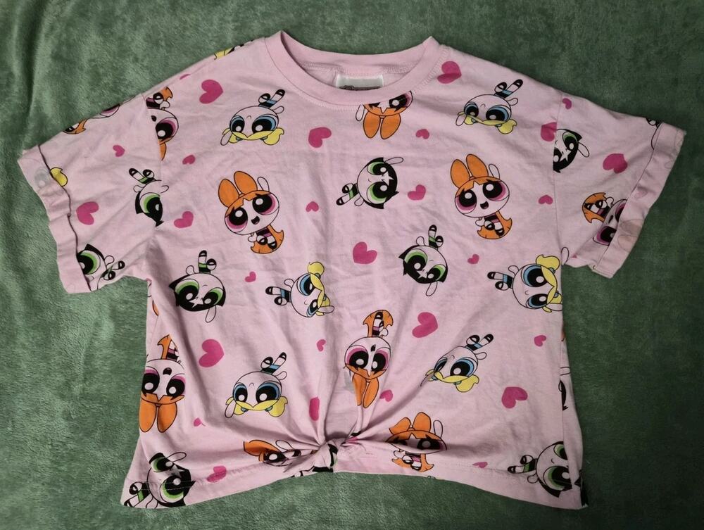 Junior's L/XL Girls XL Powerpuff Girls Shirt Pink Crew Neck Cropped Short Sleeve